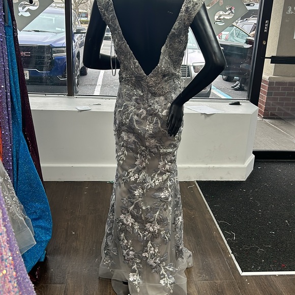 Jovani 68064 Size 14 Floral Appliqué V Neck Gray Long Dress - Picture 6 of 6